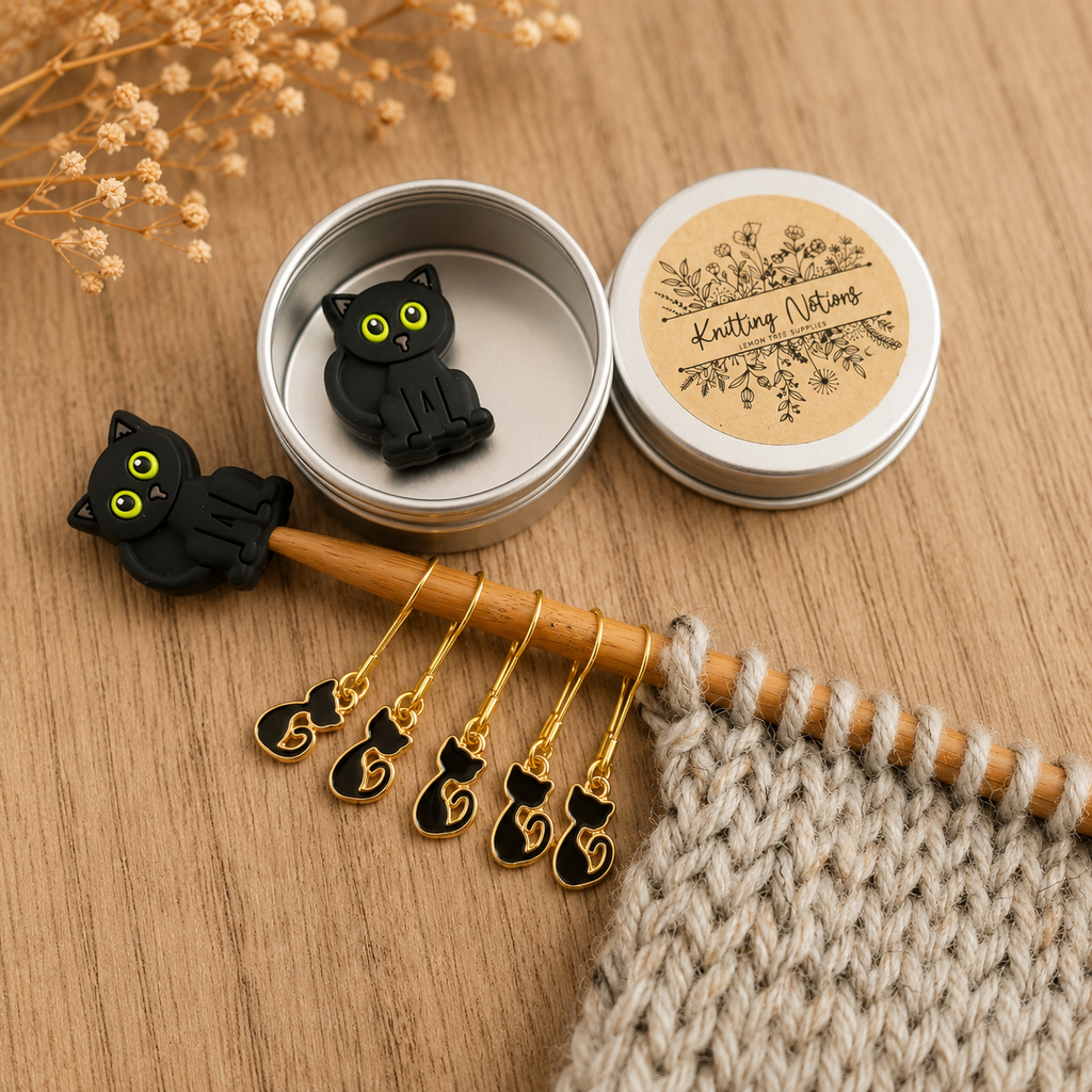 Black Cat Stitch Markers and Stitch Stoppers with Storage Tin