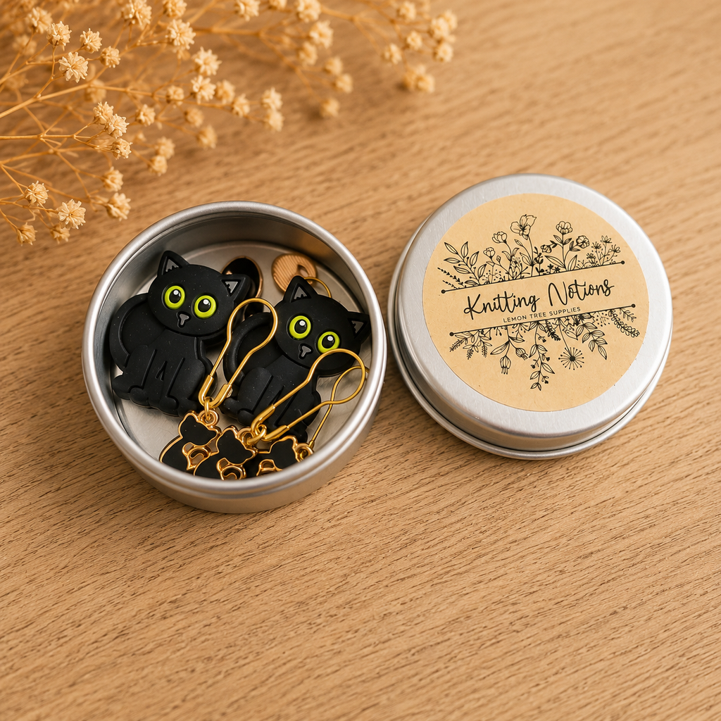 Black Cat Stitch Markers and Stitch Stoppers with Storage Tin