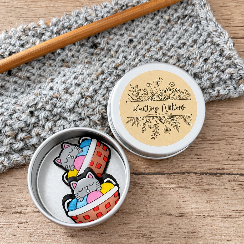 Cat in Yarn Basket Stitch Stoppers