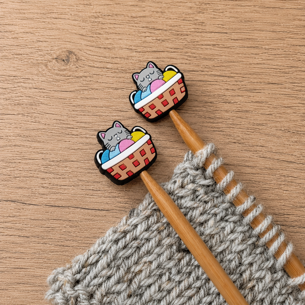 Cat in Yarn Basket Stitch Stoppers