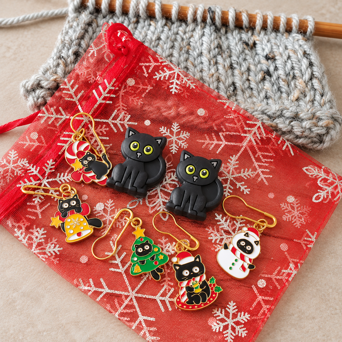 Christmas Cat Stitch Markers and Stitch Stoppers