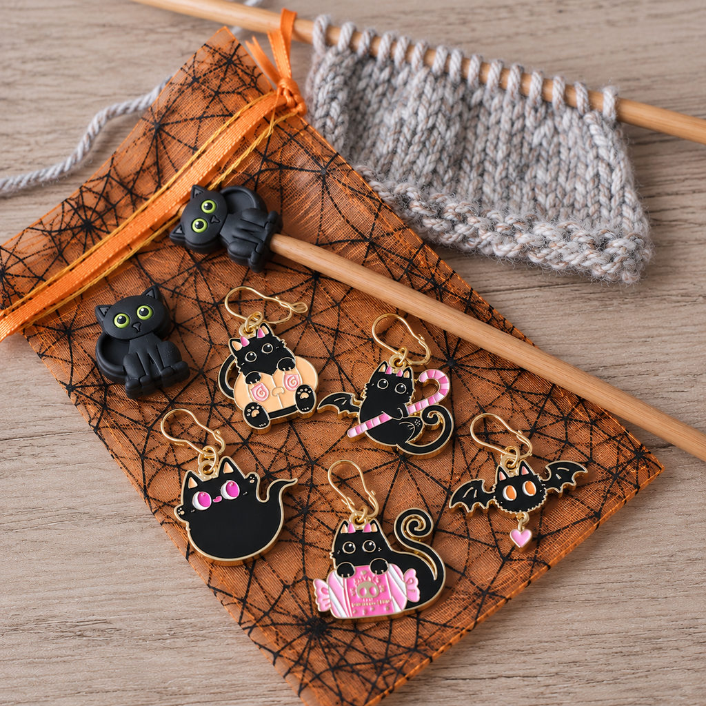 Halloween Cat Stitch Markers and Stitch Stoppers Set with Gift Bag