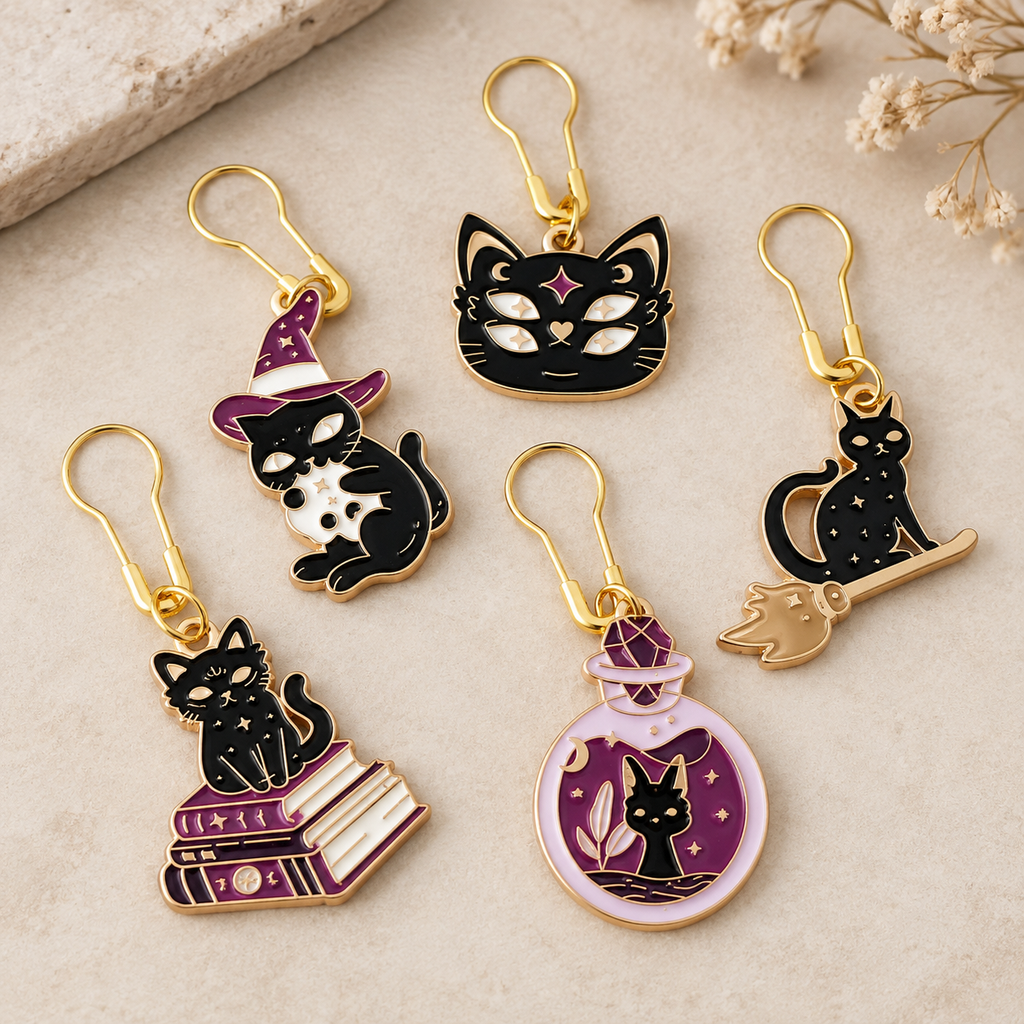 Halloween Cat Stitch Markers and Stitch Stoppers Set with Gift Bag