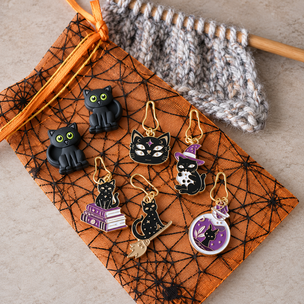Halloween Cat Stitch Markers and Stitch Stoppers Set with Gift Bag