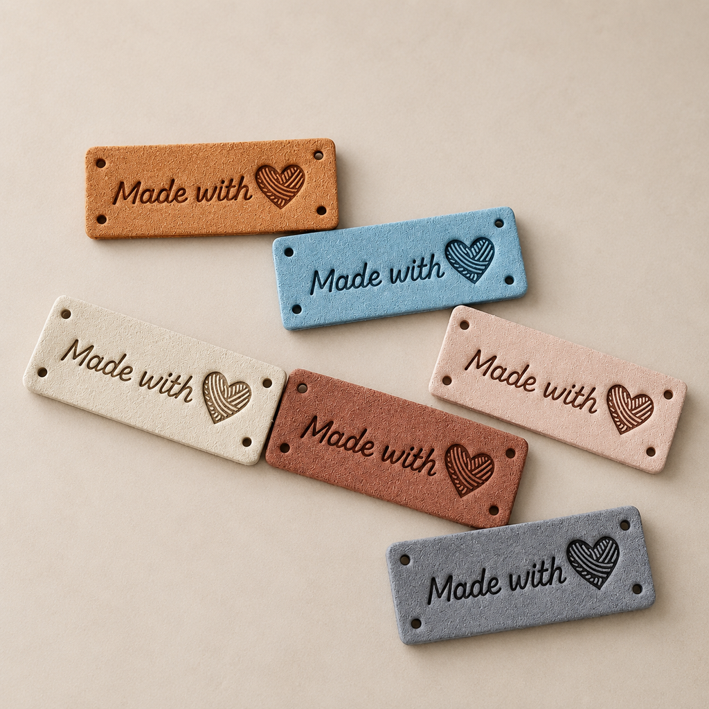 “Made With Love” Faux Suede Tags with Yarn Heart