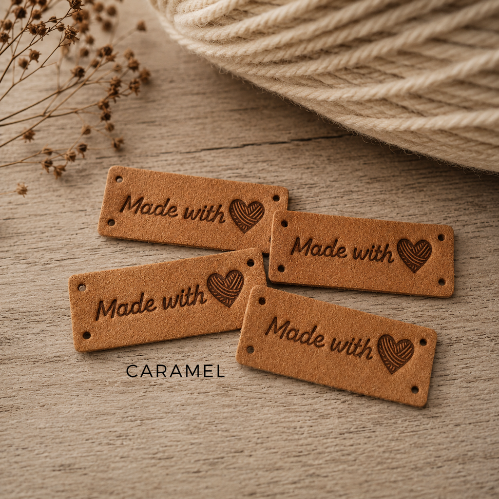 “Made With Love” Faux Suede Tags with Yarn Heart