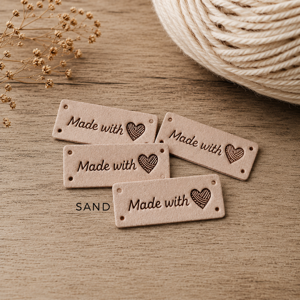 “Made With Love” Faux Suede Tags with Yarn Heart