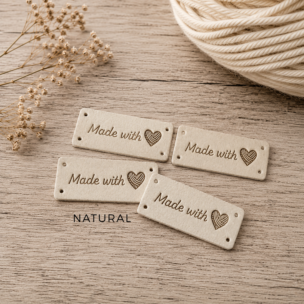 “Made With Love” Faux Suede Tags with Yarn Heart
