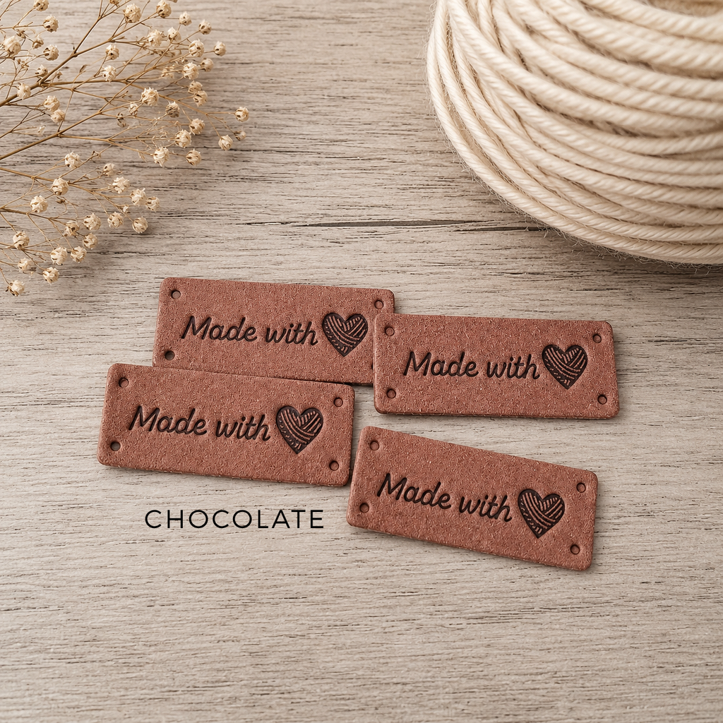 “Made With Love” Faux Suede Tags with Yarn Heart