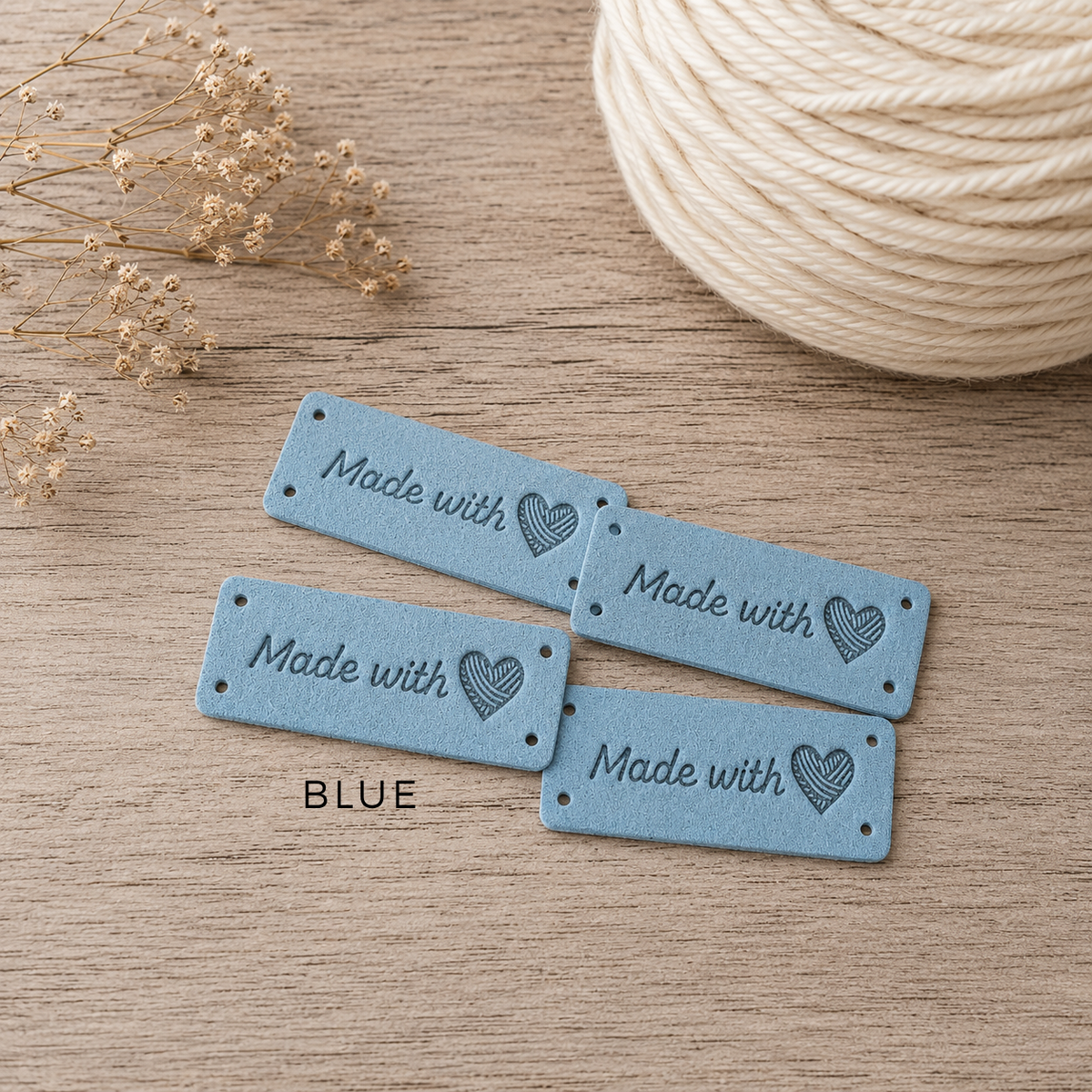 “Made With Love” Faux Suede Tags with Yarn Heart