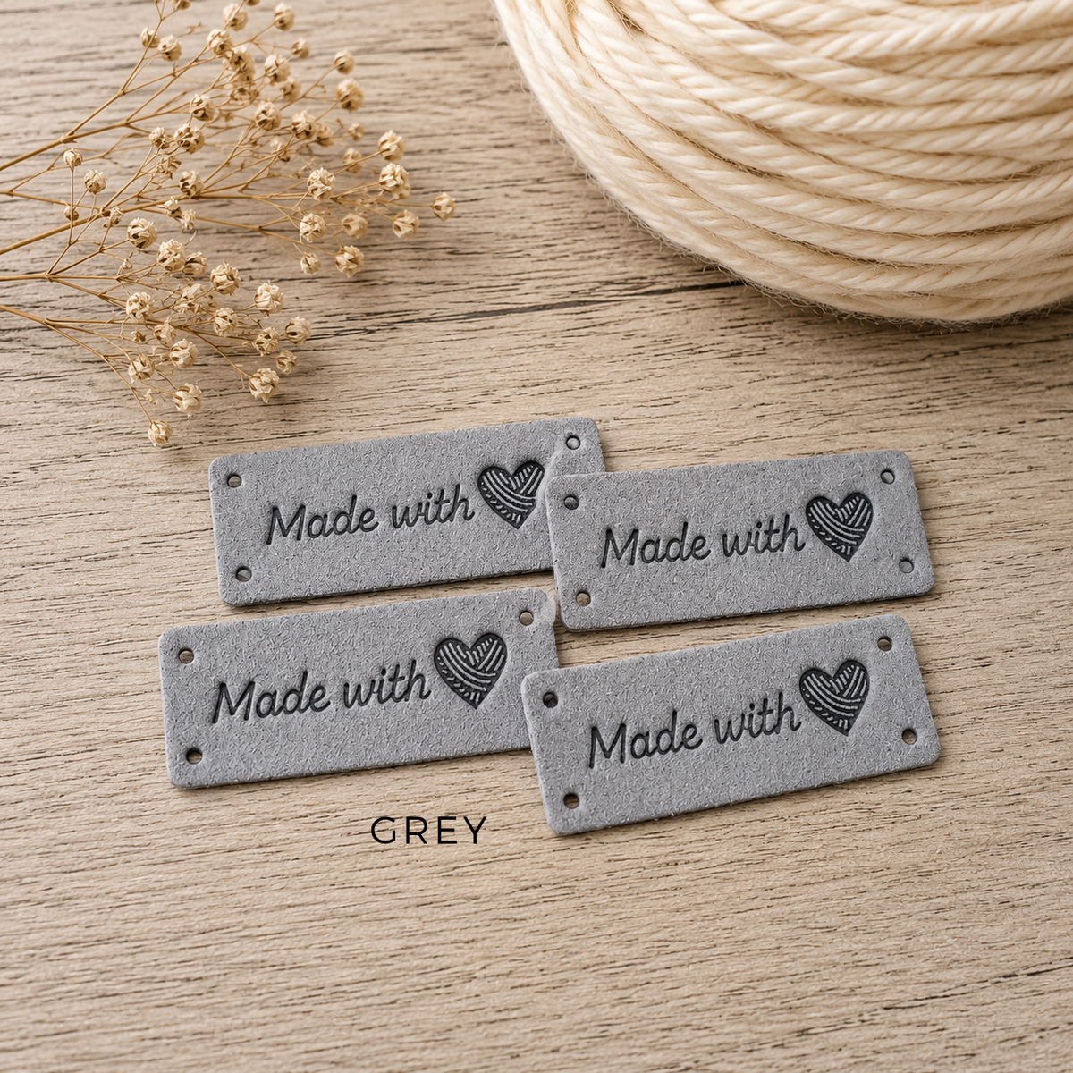“Made With Love” Faux Suede Tags with Yarn Heart